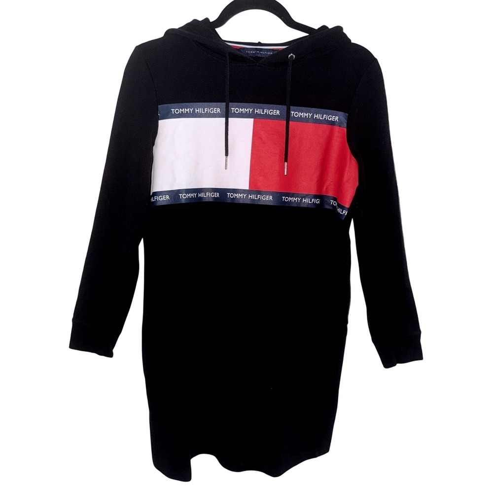 Y2K Tommy Hilfiger Hoodie Dress Womens Small Black Flag Logo Long Sleeve Fleece